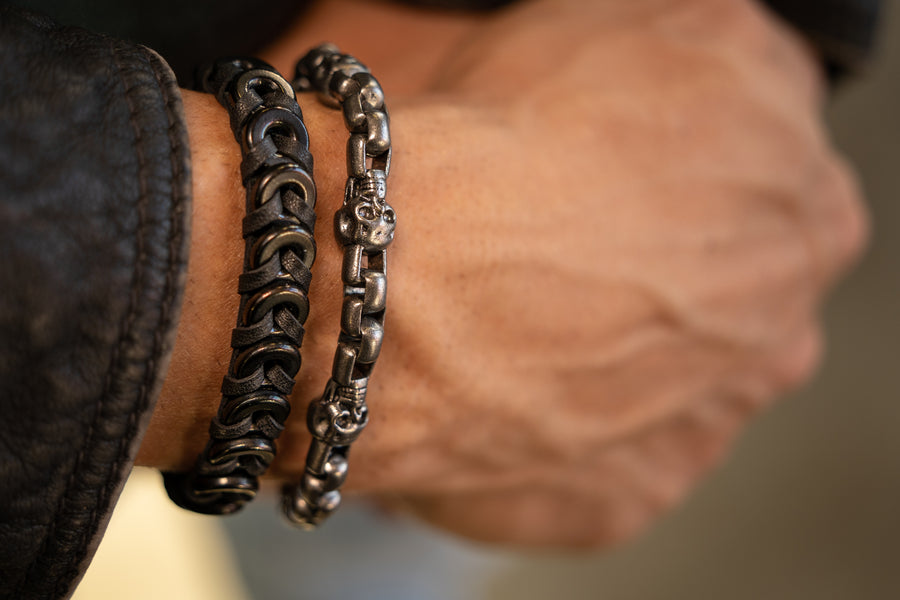 COMBO SET 1 <br> Armband Three Skulls & <br> Black Braided Leather